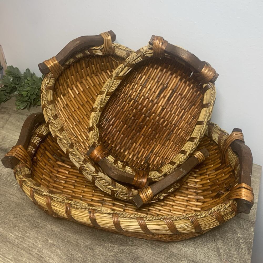 Vintage Willow Nested Wicker Baskets 3 Pc Rattan Farmhouse Rustic Decor Boho